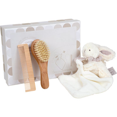 Doudou et compagnie Coffret doudou + brosse lapin bonbon taupe