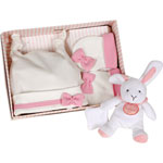 Coffret naissance bonnet + moufles + doudou lapin rose pas cher
