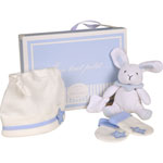 Coffret naissance bonnet + moufles + doudou lapin bleu pas cher