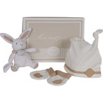Coffret naissance bonnet + moufles + doudou lapin taupe pas cher