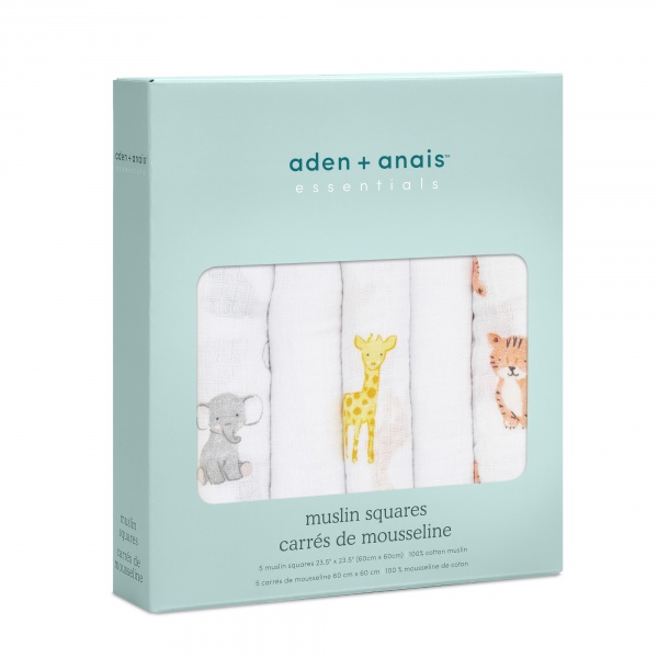 Lot de 5 langes en mousseline de coton 60x60 cm safari babies Aden+anais essentials