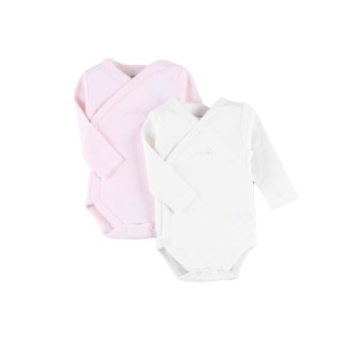 Lot de 2 body croisés manches longues blanc/rose 0 mois