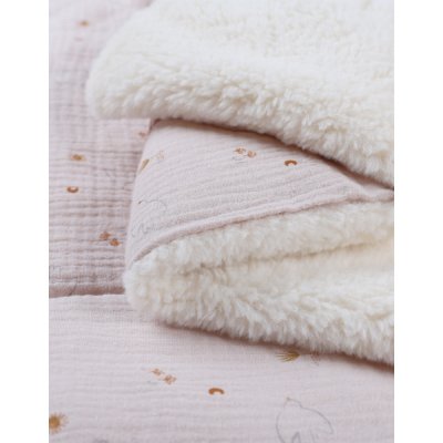 Couverture en mousseline et sherpa colombe du bonheur 75 x 100 cm bali, moka & snow