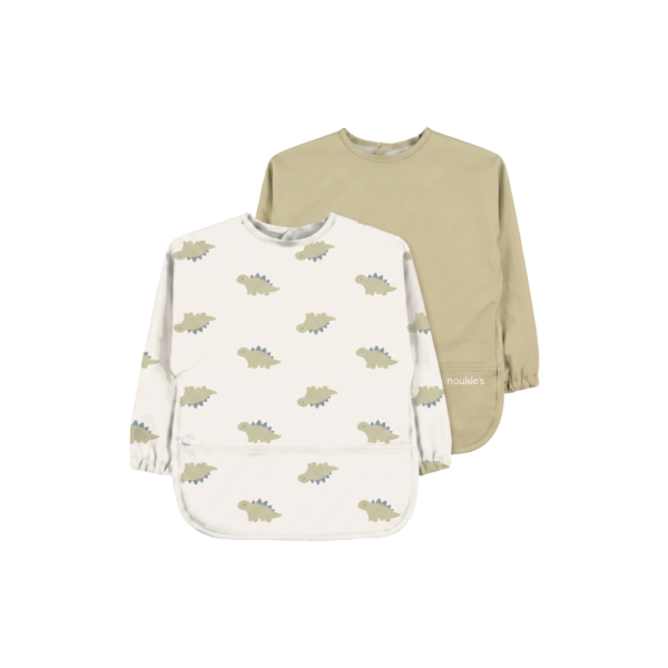 Lot de 2 bavoirs imperméables à manches et poche récupératrice dinos Noukies