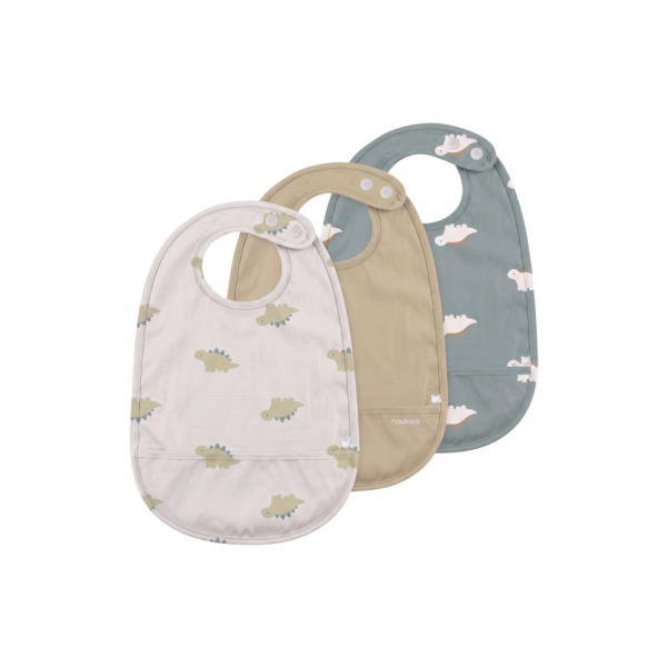Lot de 3 bavoirs imperméables et poche récupératrice dinos Noukies