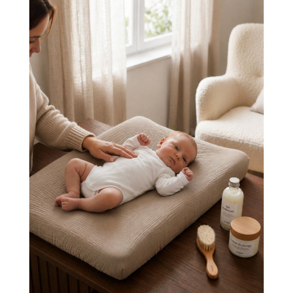 Housse de matelas à langer en coton bio beige Noukies
