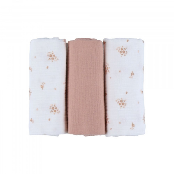 Lot de 3 langes 70x70cm, mousseline de coton bio - fleurs d'antan Noukies