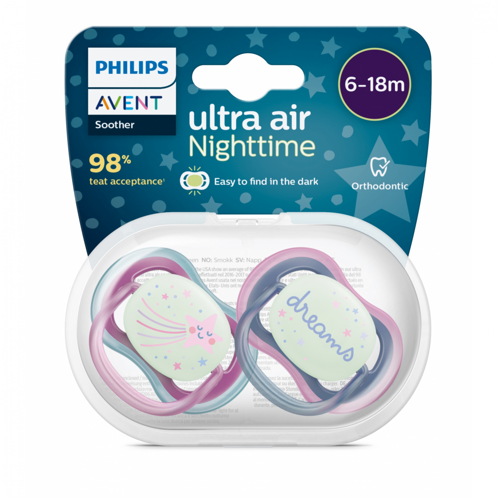 Lot de 2 sucettes ultra air nuit 6-18 mois phosphorescent scf376/07 de  Avent-philips sur allobébé