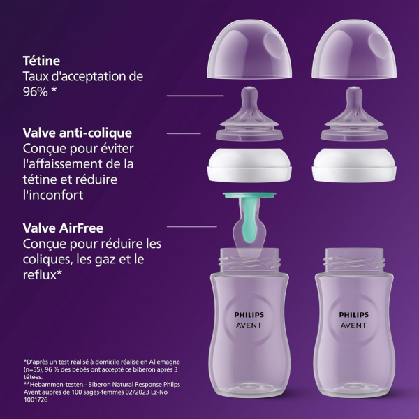 Coffret de 4 biberons natural response + 1 sucette ultra-douce 0-6 mois + 1 goupillon Avent-philips