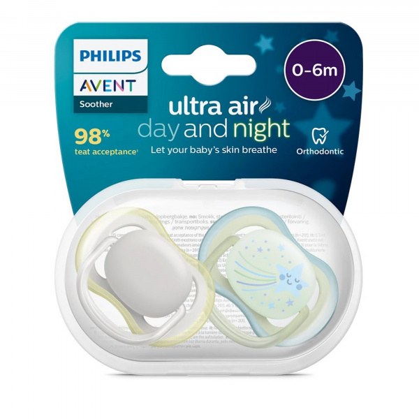 Lot de 2 sucettes ultra air 0/6 mois day and night Avent-philips