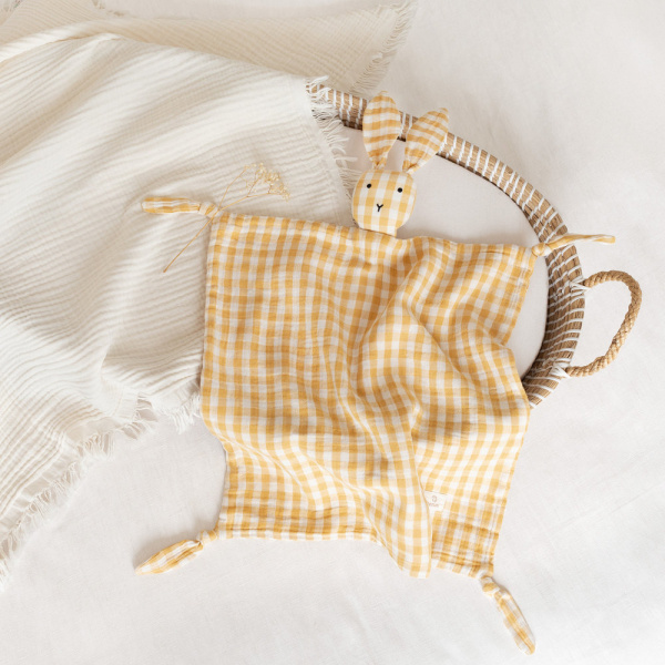 Doudou lapin 40x40 cm ocre / blanc Bemini