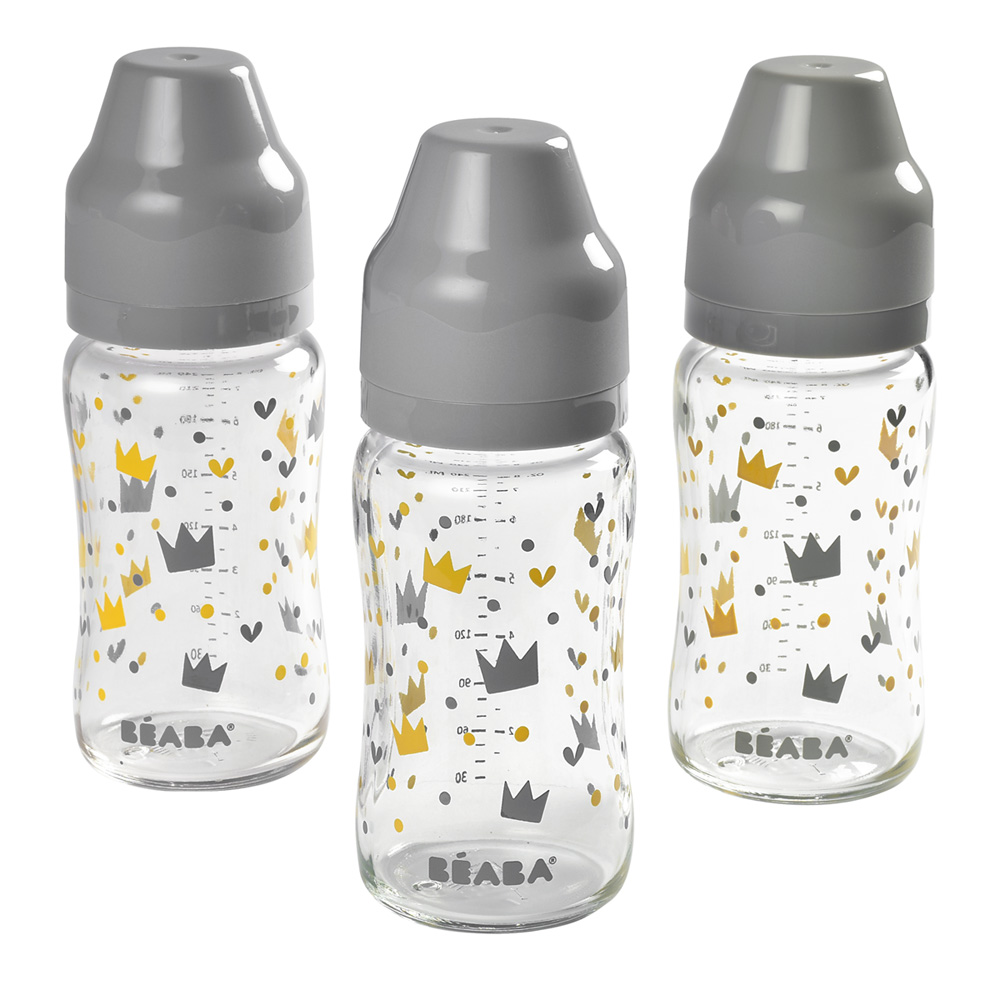 lot de 3 biberons verre col large 240 ml yellow grey crown de beaba sur allobebe