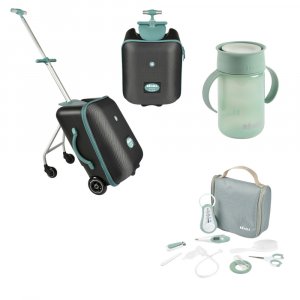 Valise avec l'assise de voyage + trousse de toilette nomade 9 accessoires vert sauge + tasse d'apprentissage 360° sage green - beaba Beaba