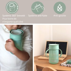 Valise avec l'assise de voyage + trousse de toilette nomade 9 accessoires vert sauge + tasse d'apprentissage 360° sage green - beaba Beaba