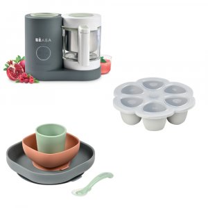 Robot babycook neo gris mineral + multiportions silicone 6 x 150 ml light mist + coffret repas silicone mineral Beaba