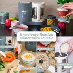 Robot babycook neo gris mineral + multiportions silicone 6 x 150 ml light mist + coffret repas silicone mineral Beaba