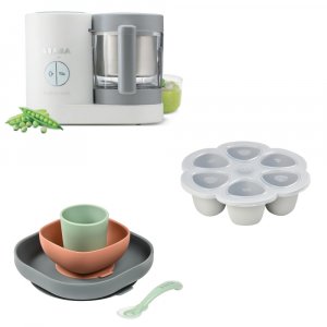 Robot babycook neo grey/white + multiportions silicone 6 x 150 ml light mist + coffret repas silicone 4 pièces - mineral Beaba