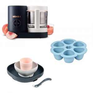 Robot babycook neo night blue + multiportions silicone 6 x 150 ml windy blue + coffret repas silicone 4 pièces - night blue Beaba