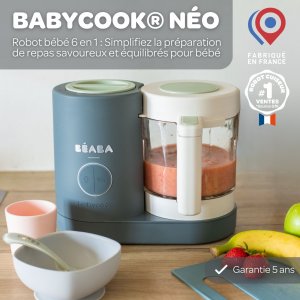 Robot babycook neo gris mineral + lot de 2 pré-cuillères en silicone - sage green/velvet grey + bol silicone ventouse - green Beaba
