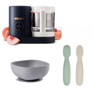 Robot babycook neo night blue + lot de 2 pré-cuillères en silicone - sage green/velvet grey + bol silicone ventouse - grey Beaba