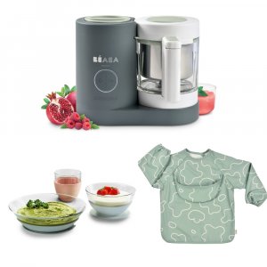 Robot babycook neo gris mineral + bavoir à manches évolutif et 2 en 1 - sage green + coffret repas verre eucalyptus Beaba