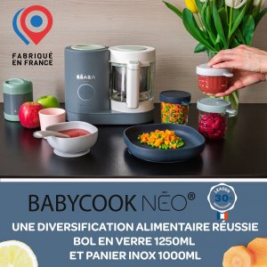 Robot babycook neo gris mineral + bavoir à manches évolutif et 2 en 1 - sage green + coffret repas verre eucalyptus Beaba