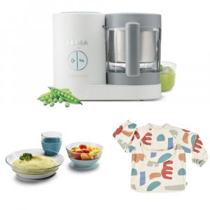 Robot babycook neo grey/white + bavoir à manches évolutif et 2 en 1 - playful + coffret repas verre jungle Beaba