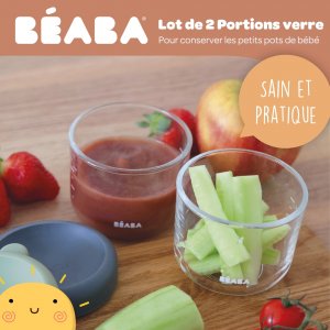 Coffret de 2 portions verre 150ml conservation repas bébé mineral/vert sauge Beaba