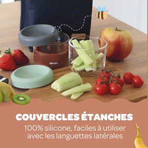 Coffret de 2 portions verre 150ml conservation repas bébé mineral/vert sauge Beaba