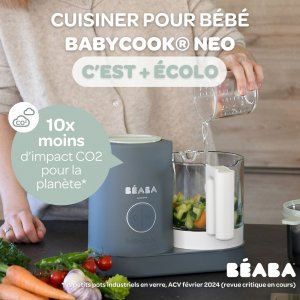 Robot babycook neo gris mineral + coffret 6 portions verre 250ml sunrise color mix + lot de 4 cuillères 1er âge silicone storm Beaba