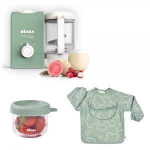 Robot babycook express -vert sauge + bavoir à manches évolutif et 2 en 1 - sage green + portion verre vert sauge 150ml Beaba