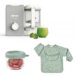 Robot babycook express gris velours + bavoir à manches évolutif et 2 en 1 - sage green + portion verre vert sauge 150ml Beaba
