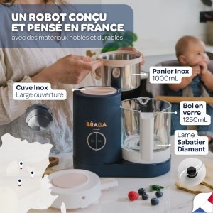 Robot babycook neo night blue + coffret 6 portions verre 250ml sunrise color mix + lot de 4 cuillères 1er âge silicone storm Beaba