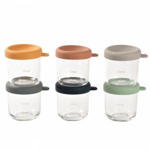 Robot babycook neo eucalyptus + coffret 6 portions verre 250ml sunrise color mix + lot de 4 cuillères 1er âge silicone storm Beaba