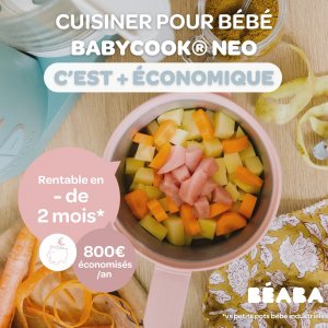Robot babycook neo eucalyptus + coffret 6 portions verre 250ml sunrise color mix + lot de 4 cuillères 1er âge silicone storm Beaba