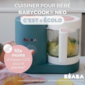 Robot babycook neo eucalyptus + coffret 6 portions verre 250ml sunrise color mix + lot de 4 cuillères 1er âge silicone storm Beaba