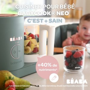 Robot babycook neo eucalyptus + coffret 6 portions verre 250ml sunrise color mix + lot de 4 cuillères 1er âge silicone storm Beaba