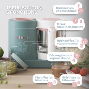 Robot babycook neo eucalyptus + coffret 6 portions verre 250ml sunrise color mix + lot de 4 cuillères 1er âge silicone storm Beaba