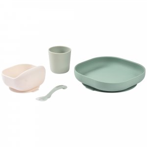 Coffret repas bébé en silicone 4 pièces vert sauge et vert de gris Beaba