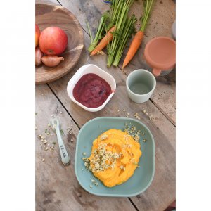 Coffret repas bébé en silicone 4 pièces vert sauge et vert de gris Beaba