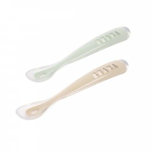 Lot de 2 cuillères bébé 1er âge silicone avec boîte argile Beaba