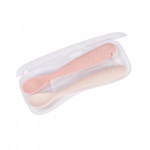 Lot de 2 cuillères silicone 1er âge avec boîte de transport barbe à papa et guimauve Beaba