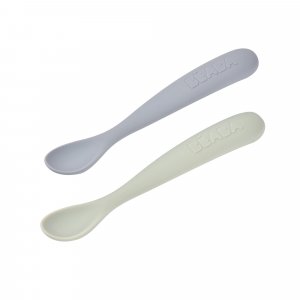 Lot de 2 cuillères silicone 1er âge avec boîte de transport galet et vert de gris Beaba