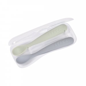 Lot de 2 cuillères silicone 1er âge avec boîte de transport galet et vert de gris Beaba