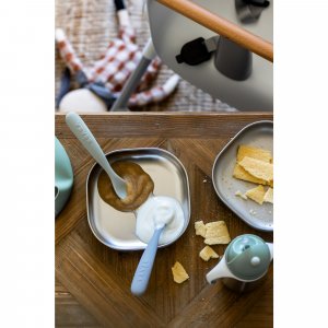 Lot de 2 cuillères silicone 1er âge avec boîte de transport galet et vert de gris Beaba