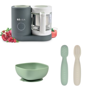 Robot babycook neo gris mineral + lot de 2 pré-cuillères en silicone - sage green/velvet grey + bol silicone ventouse - green