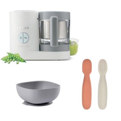 Robot babycook neo grey/white + lot de 2 pré-cuillères en silicone - terracotta/velvet grey + bol silicone ventouse - grey