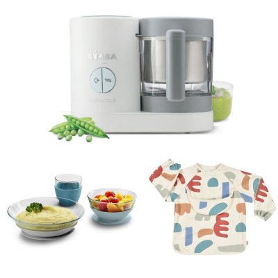 Robot babycook neo grey/white + bavoir à manches évolutif et 2 en 1 - playful + coffret repas verre jungle