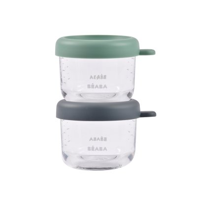 Coffret de 2 portions verre 150ml conservation repas bébé mineral/vert sauge