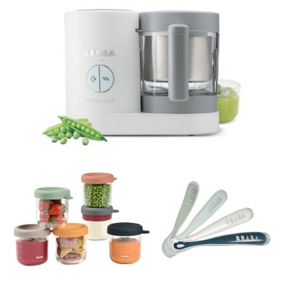 Robot babycook neo grey/white + coffret 6 portions verre 250ml sunrise color mix + lot de 4 cuillères 1er âge silicone storm